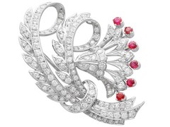 Vintage 4.65Ct Diamond and 0.24Ct Ruby Platinum Floral Brooch Circa 1950