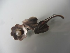 Beautiful, old brooch, 835 silver, flowers with pearl, TEKA 835, Theodor Klotz
