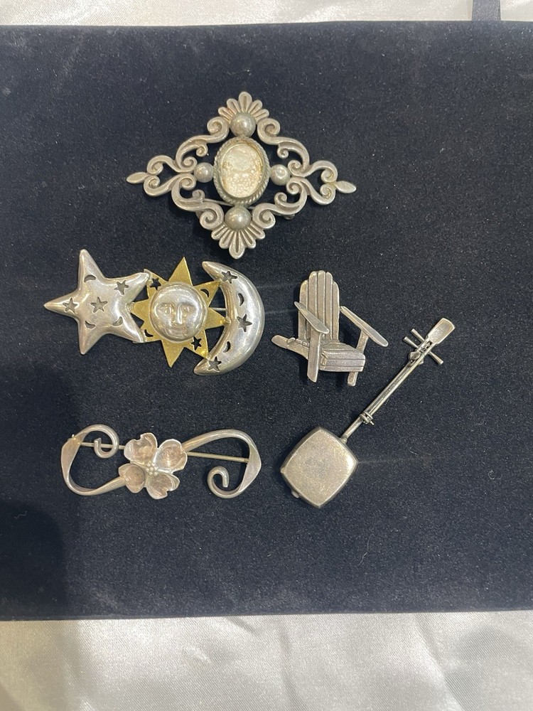 Lot Of VINTAGE STERLING SILVER BROOCHES 925 & TAXCO Flower Guitar Sun Moon Chair