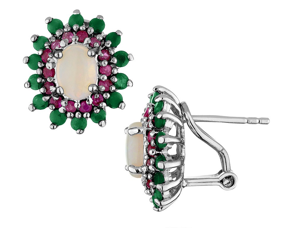 2.80 Carats (ctw) Emerald, Ruby and Opal Earrings In Sterling SIlver