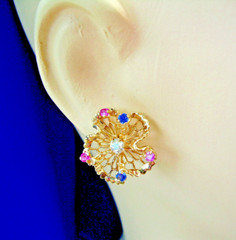 Original EARTH MINED DIAMOND Sapphire Ruby Deco Earrings Vintage SOLID 14K GOLD