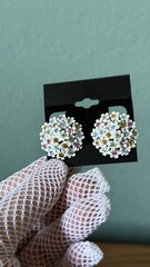 Vintage ART White Enamel Daisy Cluster Clip On Earrings Pastel Rhinestones 1”