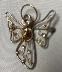 Angel with Rhinestones Singing Vintage Brooch Pin Gold Tone 2”x2”