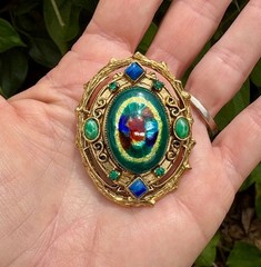 HATTIE CARNEGIE Foil Art Glass Green Blue Cabochons, Rhinestone Pendant Brooch