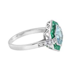 4Ct Art Deco Vintage Aquamarine & Emerald Hexagon 14K White Gold FN Wedding Ring