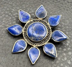 VTG Lapis Lazuli Silver Tone Flower Brooch Pin Nepal Sun Celestial Boho Ethnic