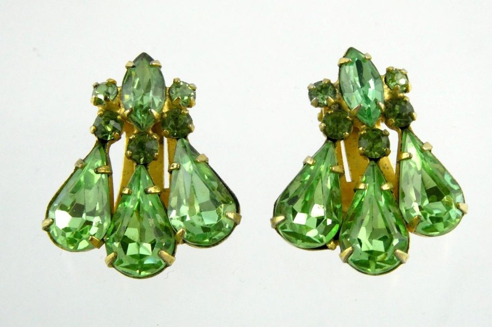 Vintage Kramer Goldtone Metal and Green Rhinestone Clip on Earrings 7/8 Inch
