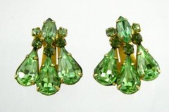 Vintage Kramer Goldtone Metal and Green Rhinestone Clip on Earrings 7/8 Inch