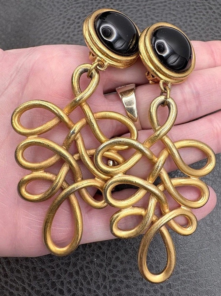 Vintage Huge 80s Runway Dangle Gold Tone Black Filigree Loop Drop Clip Earrings