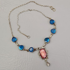 Vintage Glass Bead Necklace Blue Beads Pink Quartz Artisan Silver Tone 18.75″