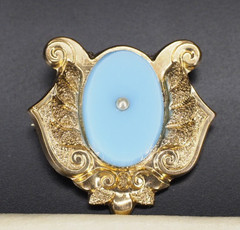 Antique gold brooch blue opaline glass hollow pin tube hinge C-clasp jewelry