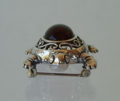 Jezlaine Turtle Filigree & Amber Brooch Pin 925 Sterling Silver Vintage Signed