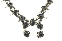 Vintage Silver Tone Black Onyx Squash Blossom Statement 24in Western Nickle