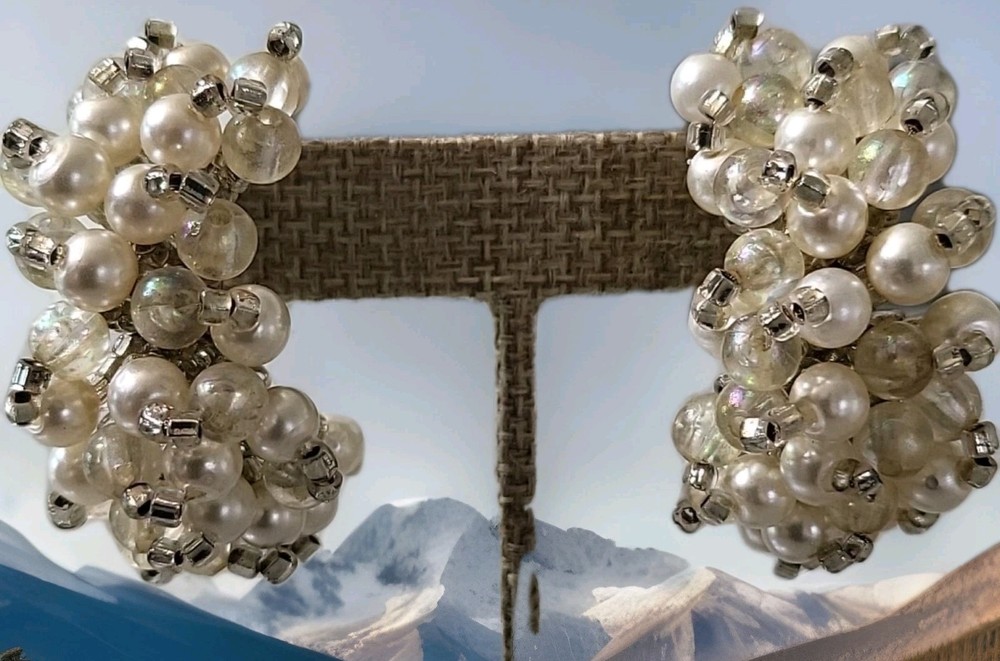 Vintage Silver Tone Pearl & Beads Swirls Earrings Beautiful See Pics 😍 K80
