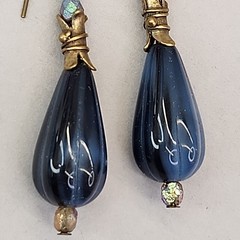 Vintage Czech Glass Bead Pierced Earrings Blue Teardrop Dangles Gold Tone 2.25″