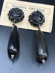 VTG MASHA ARCHER HAND CARVED ROSES/COW BONE. DANGLES OF TINTED BUFFALO HORN.