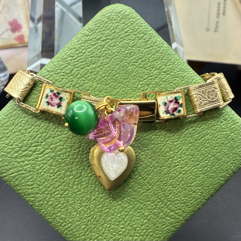 Czech Glass & Faux Opal Heart Locket, Vintage Mix Victorian Book Chain Bracelet