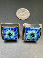 Vintage Mid Century Modernist Enamel Square Silver Tone Cufflinks Blue Abstract