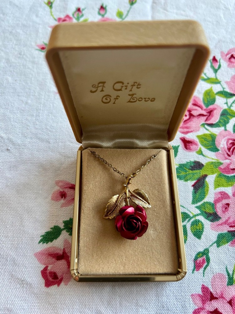 Vintage Gold-Tone Red Rose Pendant Necklace 1970’s, “A Gift Of Love”