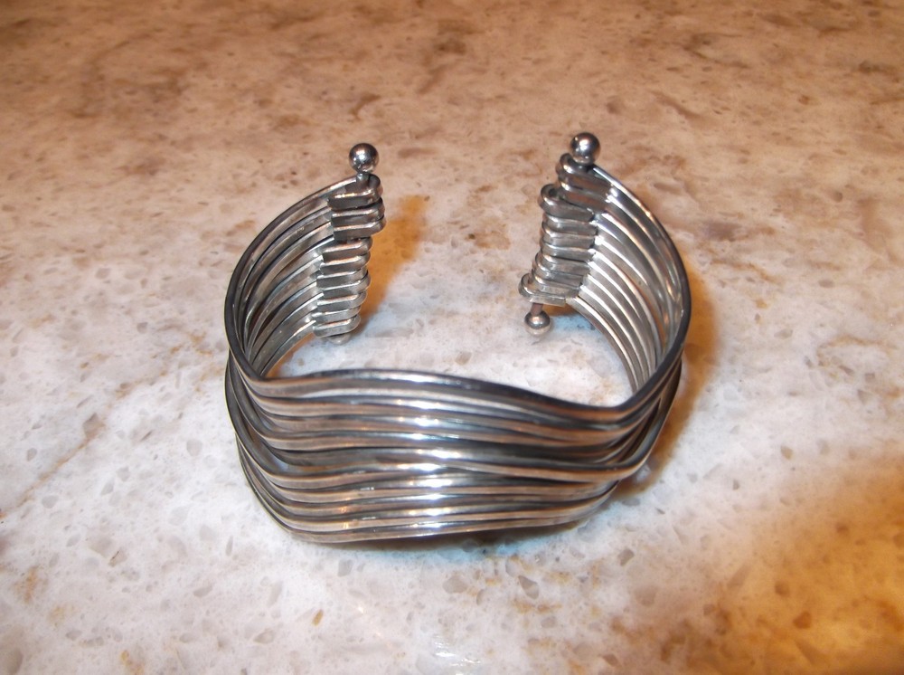 Vintage Sterling Silver Contemporary Modernist Stacked Strands Cuff Bracelet 57g