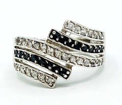 Sterling Silver Channel Set Black White Crystal Ring Size 6