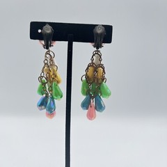 Vintage Earrings Chandelier Dangle Drop Iridescent Beads Clip On Pastels Pink