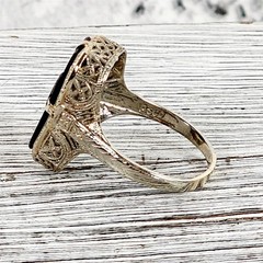 Antique Edwardian Belais 14K White Gold Onyx Diamond Ring 7 Filigree Luxury