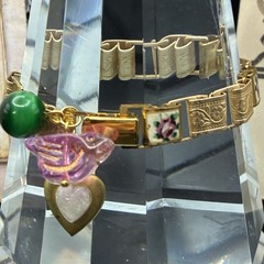 Czech Glass & Faux Opal Heart Locket, Vintage Mix Victorian Book Chain Bracelet