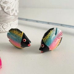 Vintage Wooden Fish Clip On Earrings Pendant Lot Neon Bright Tropical Jewelry