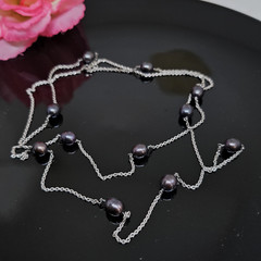 925 Sterling Silver Black Peacock Pearl Beaded Station Chain Necklace 40″ Long