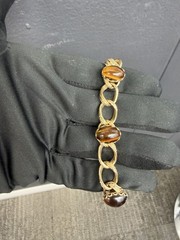 Vintage Gold Plated Filigree Engraved Bracelet Tiger Eye Cabochon 7 1/4”