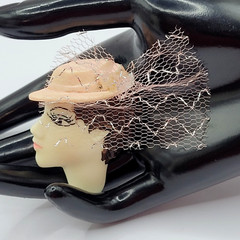 Painted Lady Face with Pink Hat and Veil Short Hair Brunette Vintage Brooch Pin