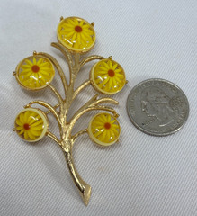 Vintage Marvella 1960’s Lucite Yellow & Orange Flowers & Gold Brooch Pin