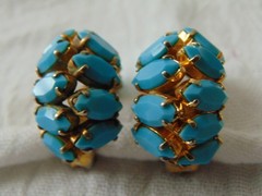vintage double sided prong set Turquoise blue glass marquis cut stones clip ons