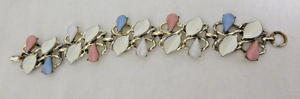 Vintage Gold Tone Pastel Faux Glass Stone and White Enamel Link Bracelet 7 1/2″
