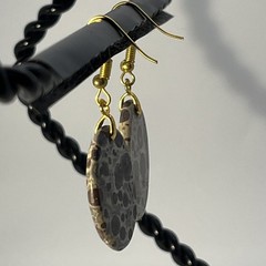 Lg Oval Asteroid Jasper Gold French Wire Earrings Natural Gemstone Earthy Casual