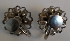 Vintage Silver Tone Rhinestone & Hearts Design Screw Back Earrings
