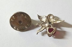 Vintage 925 Sterling Silver & Ruby 3/4″ Cherub/Guardian Angel Heart Lapel Pin