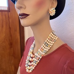 Hong Kong 5 Strand Necklace & Earrings Pastel Yellow Green Peach Blue Pink White
