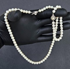 Vintage Cultured Pearl Sterling Silver Clasp Necklace & Bracelet Set