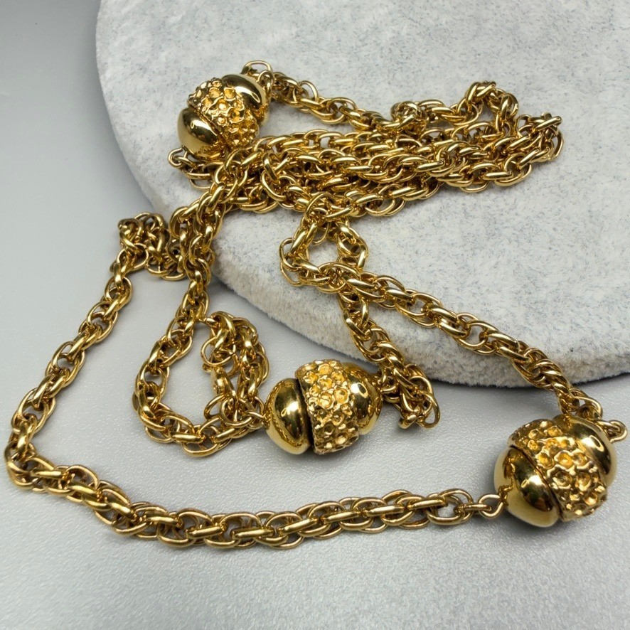 Vintage Monet Gold Tone Long Acorn Station Bead Rope Chain Necklace 33″
