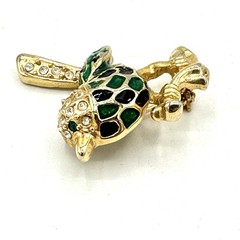 VTG Brooch Bird Pin Gold Tone Enamel Green Black Rhinestone Sparkly 1.25″