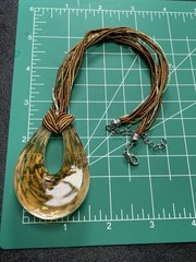 Vintage Large Gold & White Glass Pendent 16” Cord Necklace