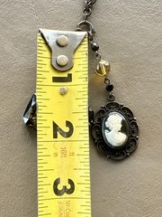 Vintage David Aubrey Necklace Cameo Crystal Rhinestone 30” Long + 2 1/4” Drop