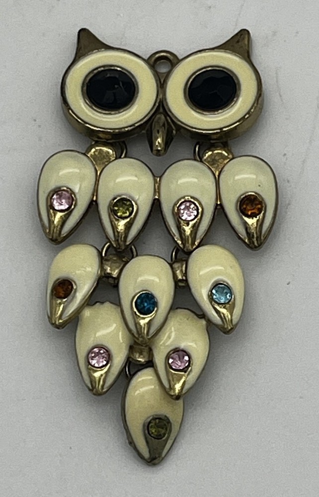 Vintage Articulated Owl Pendant Ivory Enamel Colorful Rhinestones Gold Tone 2.5″