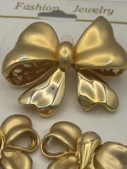 Vintage Gold Tone Bow Brooch & Earrings Set Large Statement 80s