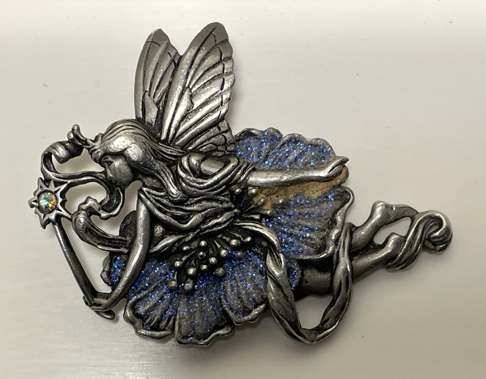 JJ JONETTE Vintage Pewter Pin Brooch Winged Fairy With Purple Sparkles