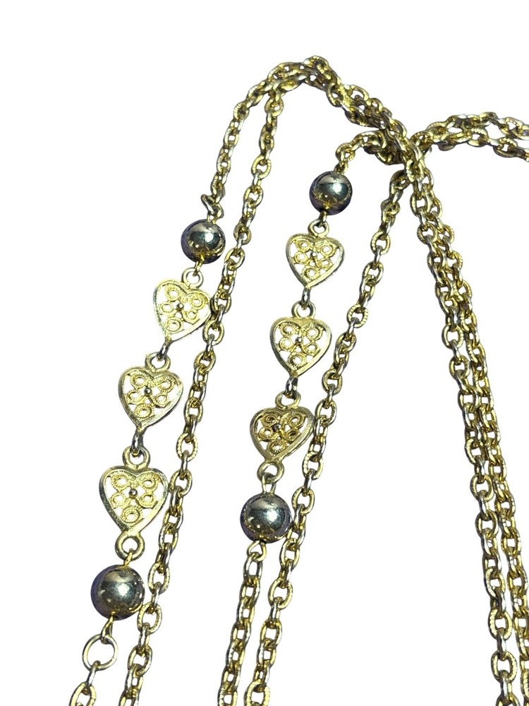 Vintage Goldtone Double Chain Necklace Filigree Hearts Spring Ring Clasp 44 inch
