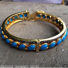 Vintage 2.49ct Rose Cut Diamond Turquoise Silver Amazing Bracelet Bangle Jewelry