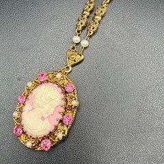Vintage West Germany Pink Cameo Necklace Exceptional Brass Filigree 1960s